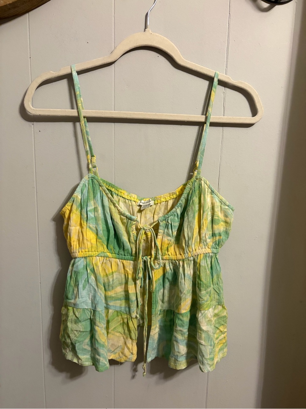 American Age Yellow & Green Tie-Dye Spaghetti Strap Tank hits at waist